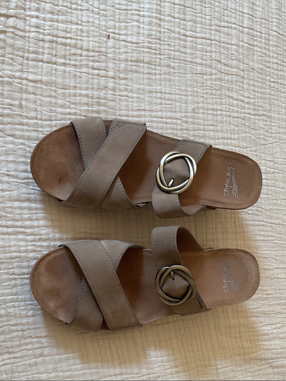 Dansko Taupe Nubuck Slide Sandals with Round Buckle